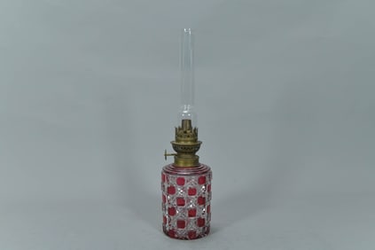 Antique Ruby Cut-to-Clear Cased Crystal Glass Miniature Oil Lamp