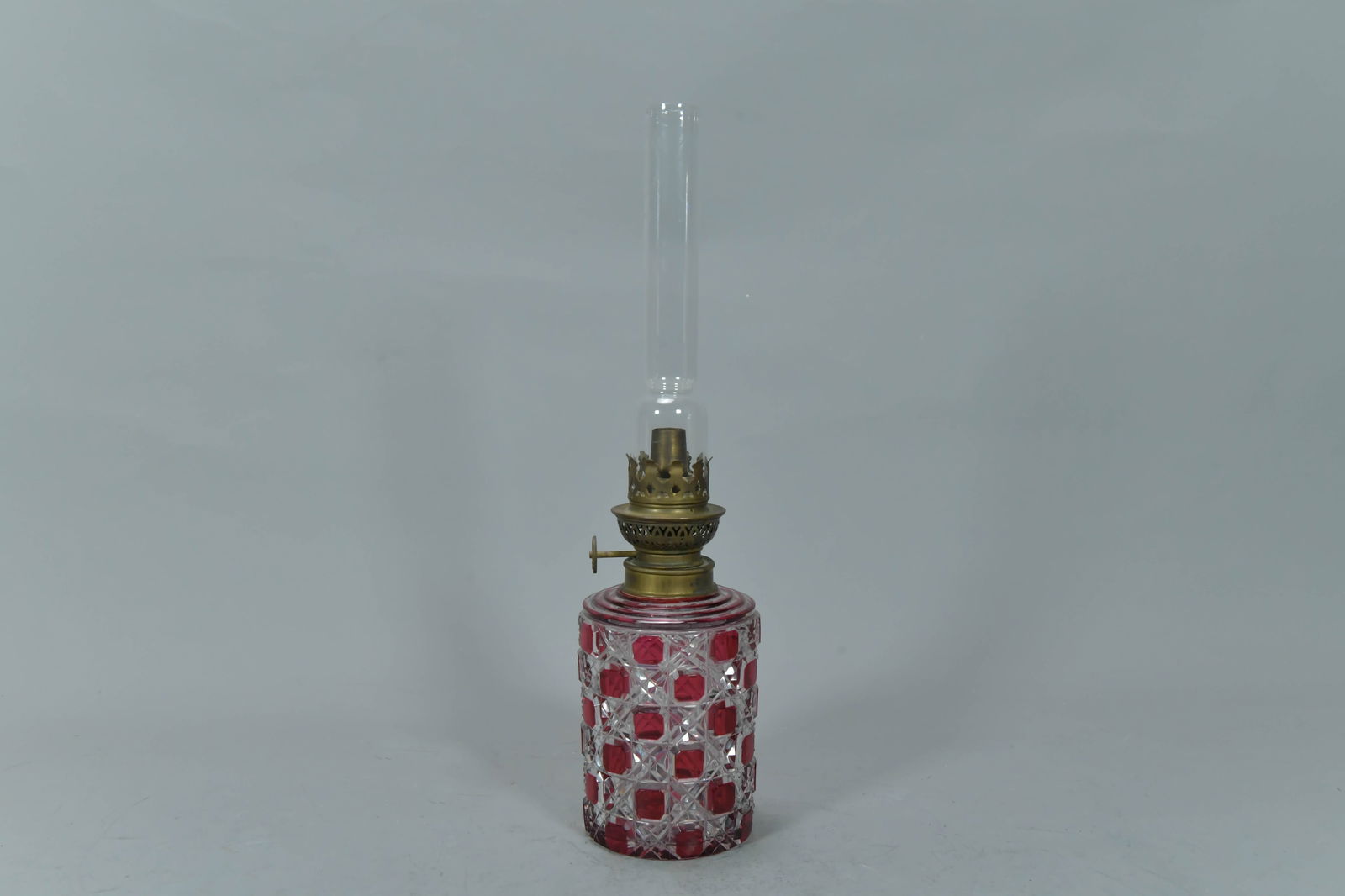 Antique Ruby Cut-to-Clear Cased Crystal Glass Miniature Oil Lamp (1 of 6)