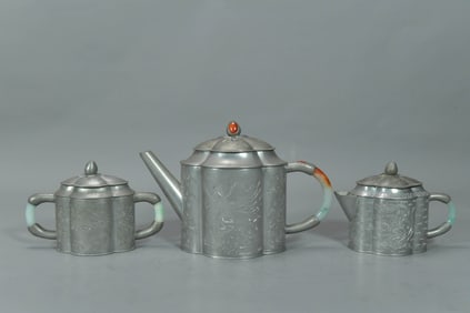 Lot of 3 Antique Chinese Ornate Pewter Teapot, Creamer & Sugar Bowl w/Jadeite Carved Inlaid Handle