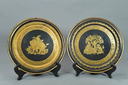 Pair of Vintage Classical Greece Black Lacquered Decorative Plates w/24K Gold Rendered