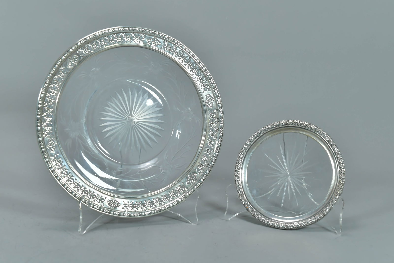 Two Vintage Sterling Silver & Cut Glass Dish & Coaster: Two Vintage Sterling Silver & Cut Glass Dish & Coaster. Dish 8"1/2Dia; Coaster 5"Dia; Good condition, (Stand Not Included).