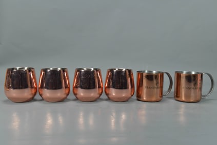 Group of 6 Copper Stemless Wine Drinks Tumblers (VonShef) & Vodka Cups (Russian), Marked