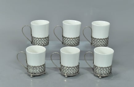 Group of 6 Vintage Espresso Cups w/Silver Tone Holder by Enoch Wedgewood Ltd., England