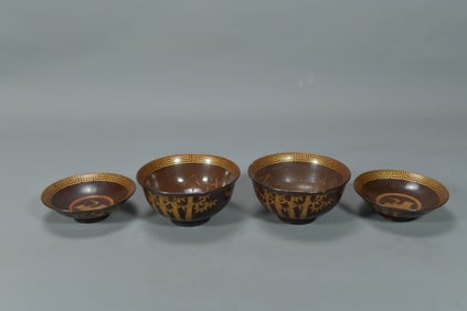 Two Pair Sets Antique Japanese 嘉永年製 Brown Lacquerware Wood Bowls & Lids