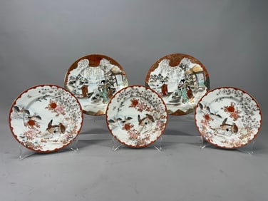 Group of 5 Signed Antique Japanese Hand-Painted Kutani Porcelain Plates