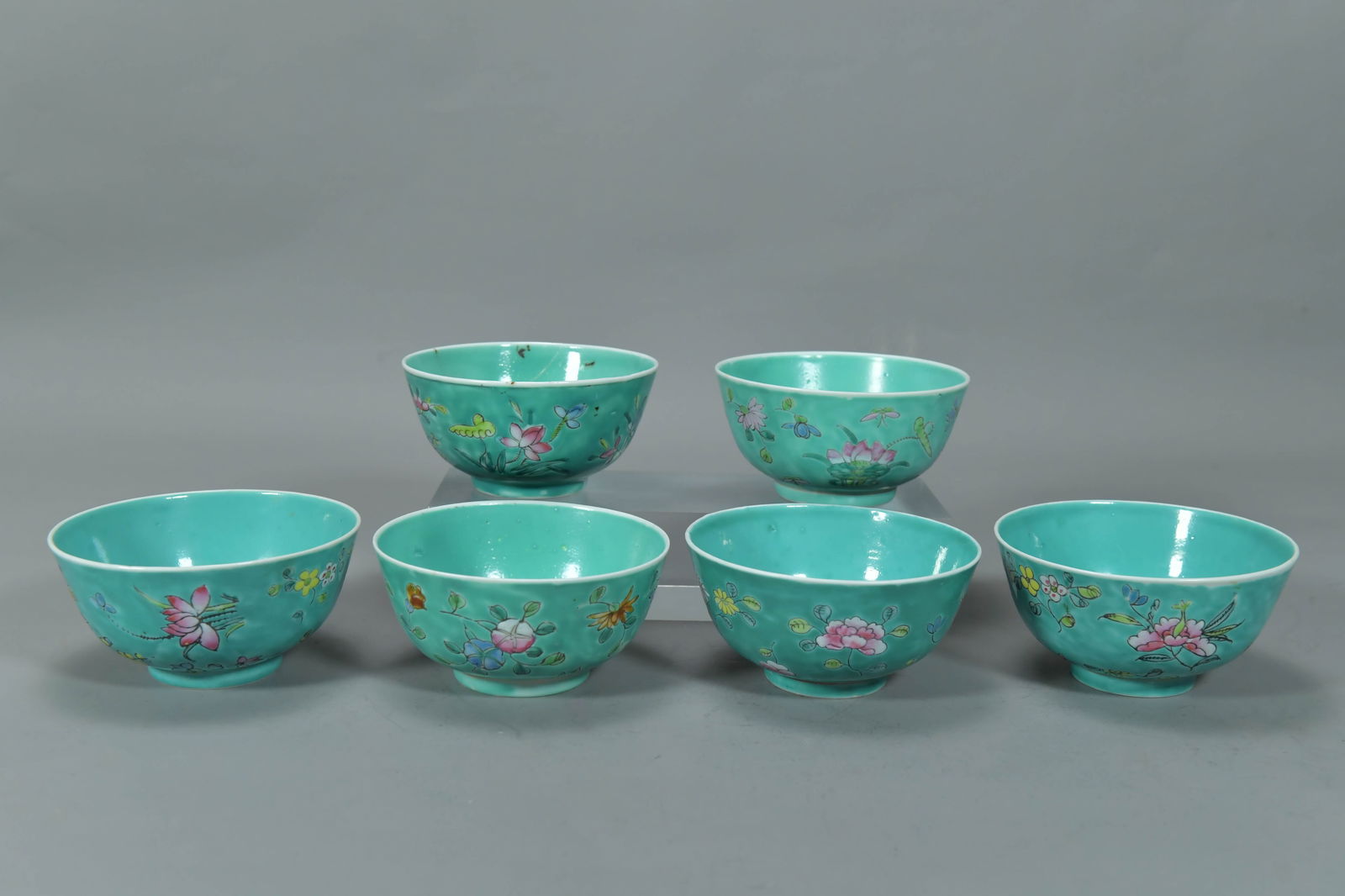Group of 6 Antique Chinese Famille Rose Porcelain Turquoise Enameled Floral Bowls (1 of 6)