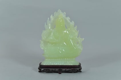 Vintage Hand-Carved Light Green Jade stone Kuanyin Statue w/Wooden Stand