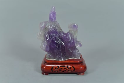 Vintage Chinese Carved Amethyst Kuanyin Figure Statue w/Wooden Stand