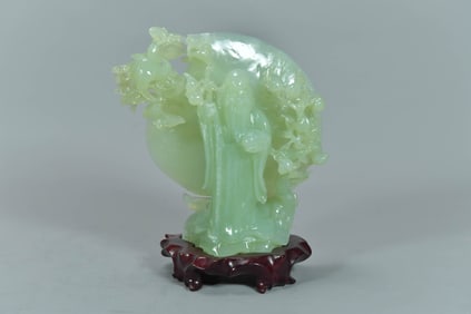 Vintage Chinese Carved Light Green Jade Figural Statue w/Wooden Stand
