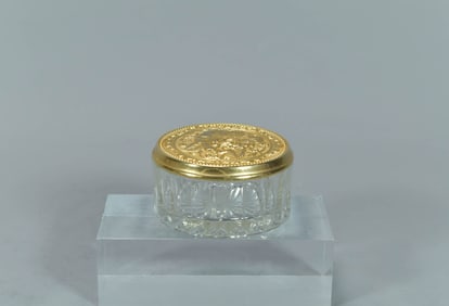 Vintage Indonesia Crystal Glass Vanity Trinket/Powder Dish w/Brass Rose Embossed KIG Mirror Lid