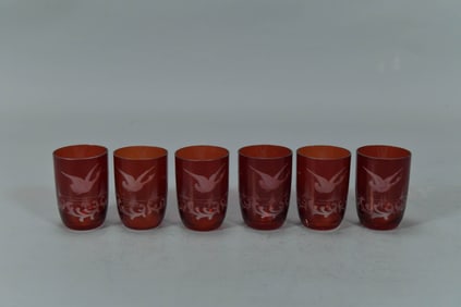 Group of 6 Vintage Ruby Red Etched Bohemian Miniature Glass Cups