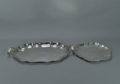 Two Vintage Silver Plated Trays, One w/Bone Handles