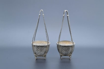 Rare Fine Exquisite Pair of Vintage Silver Woven Baskets