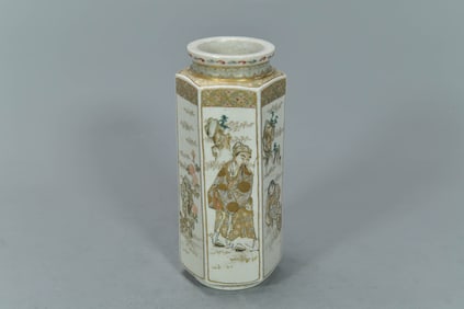 Meiji Period Antique Japanese Satsuma Hand-Painted Pottery Hexagonal Vase