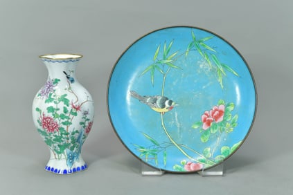 Two Antique Chinese Hand-Painted Cloisonne Enamel Floral & Bird Dish Plate & Vase