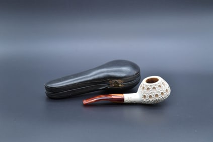 Vintage Classic Lattice Carved Meerschaum Pipe w/Original Case