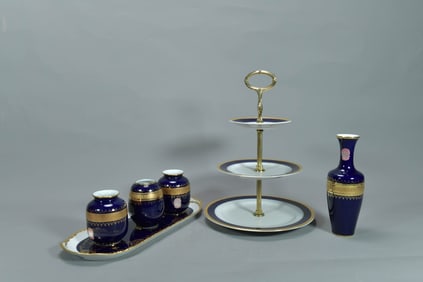 Group of 6 Vintage Royal Porzellan Bavaria KPM Germany Hand Arbeit Cobalt Vases, 3-Tier Cake Stand &