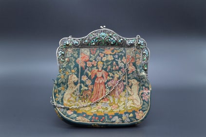 Antique Victorian Micro Petit Point Embroidered Figural Floral Silver Lady's Purse