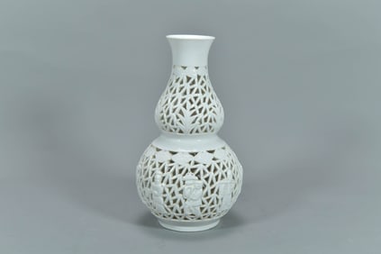 Antique Chinese White Cricket Cage Pierced Porcelain Gourd Vase w/Eight Immortals, "China" Mark