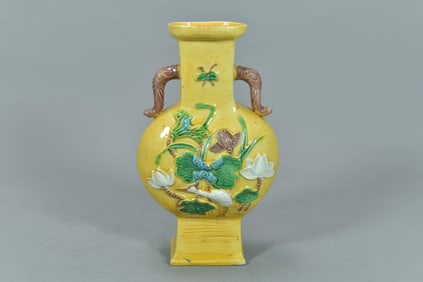 Antique Chinese Yellow Glaze Ceramic Vase w/Handles & Raised Flowers & Crane Motif