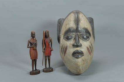Group of 3 Vintage African Folk Art Wood Carving Couple Statues & Face Mask