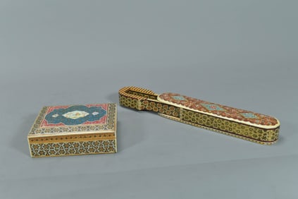 Two Persian/Russian Hand-Painted Wooden Marquetry Trinket Boxes