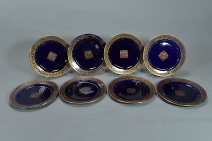 Set of 8 Stunning Vintage French Cobalt Blue & Gold Encrusted Porcelain Dessert Plates
