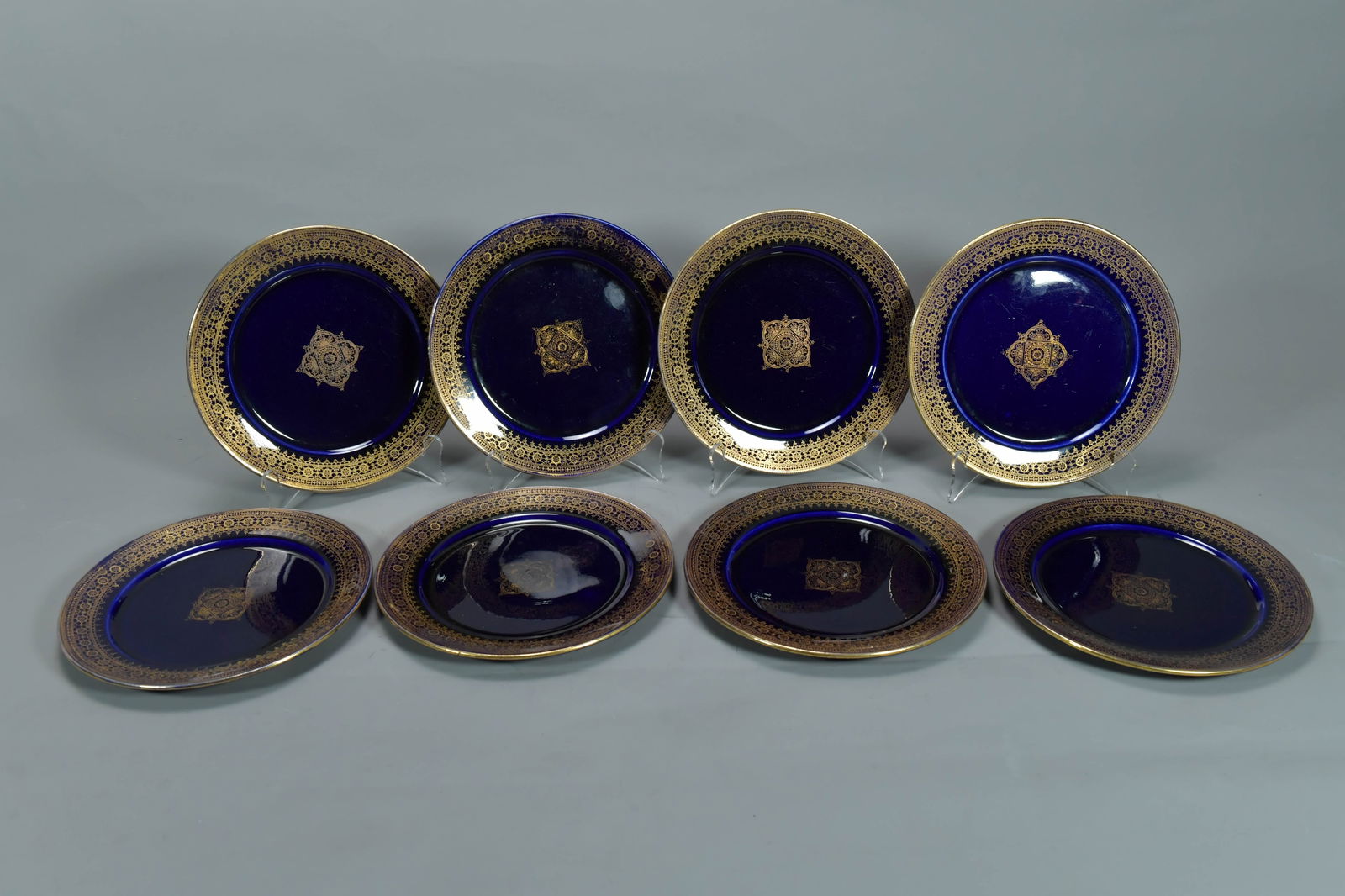 Set of 8 Stunning Vintage French Cobalt Blue & Gold Encrusted Porcelain Dessert Plates (1 of 6)