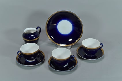 Group of 8 Vintage Russia Cobalt Blue & Gold Porcelain Teacups, Saucers, Creamer & Dish Bowl
