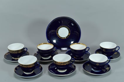Group of 15 Vintage St. Petersburg Russia Cobalt Blue & Gold Porcelain Teacups, Saucers & Dish