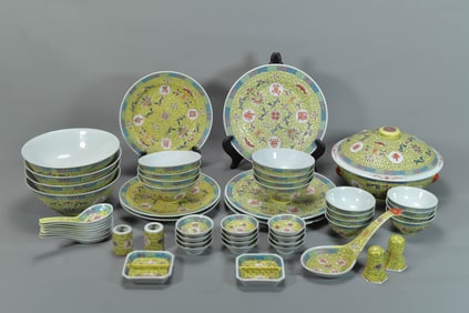 Group of 55 Vintage Chinese Famille Rose Yellow Glaze Porcelain Soup Bowl, Rice Bowls & Plates