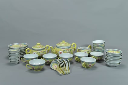 Group of 51 Vintage Chinese Famille Rose Yellow Glaze Porcelain Coffee/Tea Set
