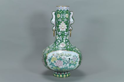 Vintage Chinese Hand-Painted Enameled Brass Metal Floral Vase