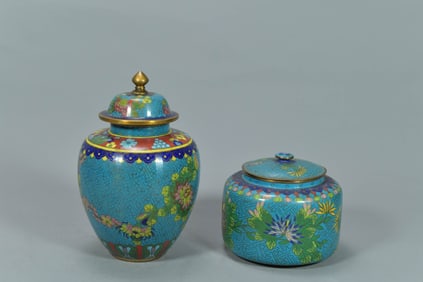 Two Antique Chinese Turquoise Enamel Floral Cloisonne Copper Jar & Tea Caddy