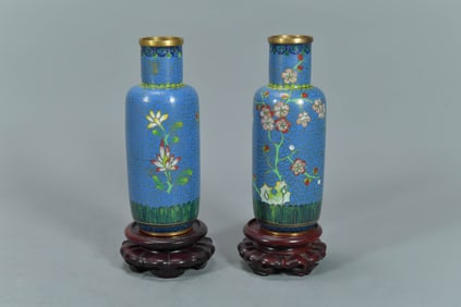Pair of Asian/Chinese Blue Enamel Cherry Blossom Floral Cloisonne Copper Vases w/Wooden Stand