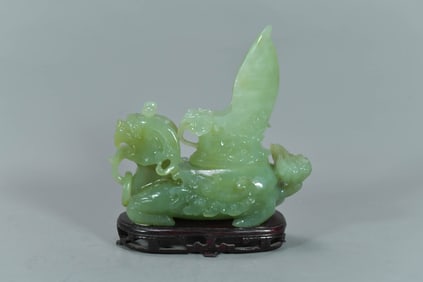 Vintage Chinese Hand-Carved Light Green Jade Fu Dog Sculpture Incense Burner w/Wooden Stand