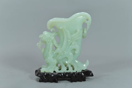 Vintage Asian/Chinese Carved Light Green Jade Artifact Sculpture w/Wooden Stand