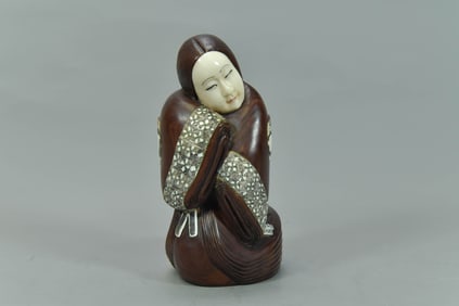 Beautiful Vintage Japanese Wood & Bone Carved Geisha Signed Figure Statue