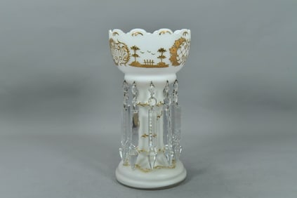 Vintage White Cased Lustres Glass Vase Gold Crusted Floral & Bird Design w/10 Crystals Prisms