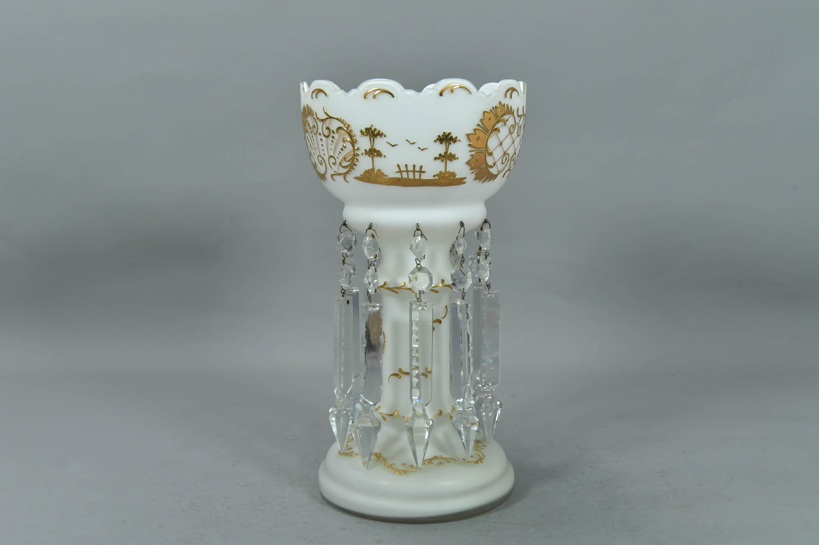 Vintage White Cased Lustres Glass Vase Gold Crusted Floral & Bird Design w/10 Crystals Prisms (1 of 6)