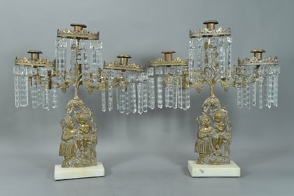Pair of Antique Victorian Brass & Crystal Candlesticks w/Marble Base