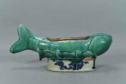 Antique Chinese Green Glazed Ceramic Koi Fish Sculpture Planters
