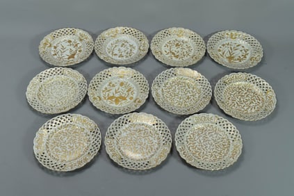 Group of 11 Vintage Royal Lattice Braided White Porcelain Plates w/Gold Floral Deco