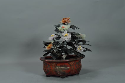 Antique Chinese Lacquered Wood Planter w/Vintage Jade Bonsai Tree