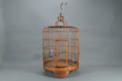 Vintage Chinese Handmade Bamboo Birdcage w/Two Bird Feeders