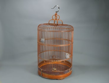 Large Vintage Chinese Handmade Bamboo Adjustable Birdcage w/Two Bird Feeders