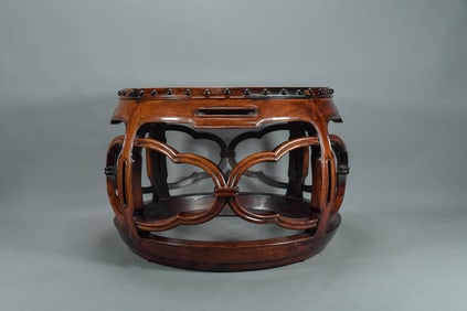 Vintage Oriental Wood Carved Drum Small Tea Table