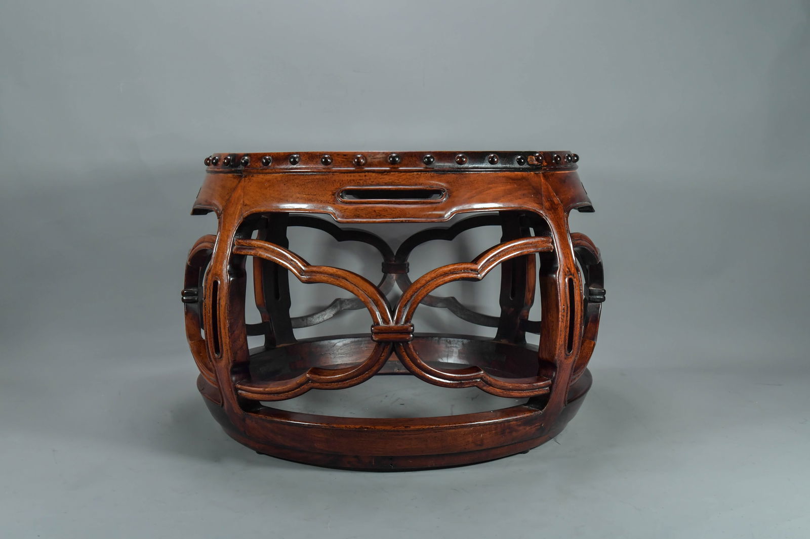 Vintage Oriental Wood Carved Drum Small Tea Table: Vintage Oriental Wood Carved Drum Small Tea Table. 19"1/2W x 15"H; Excellent condition, (Stand Not Included)