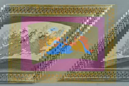 Fine Vintage Handmade Framed Persian/Indian Color Painting on Bone, Artist Signed