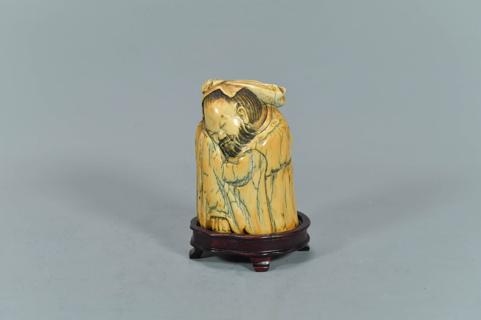Old Antique Chinese Ming Dynasty Carved Mammoth Ivory Figure of A Resting Scholar w/Wooden Stand, (1 of 6)